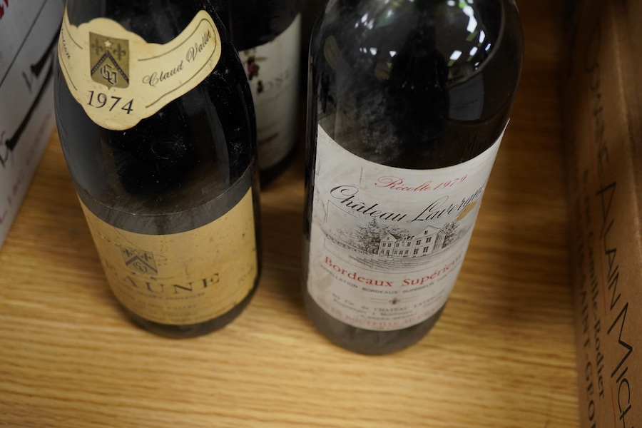 Nine bottles of wine; three Chateau Lavergne Bordeaux Superieur 1979, Beaune 1974, Côtes du Rhône 1978, Beaujolais 1979, etc.